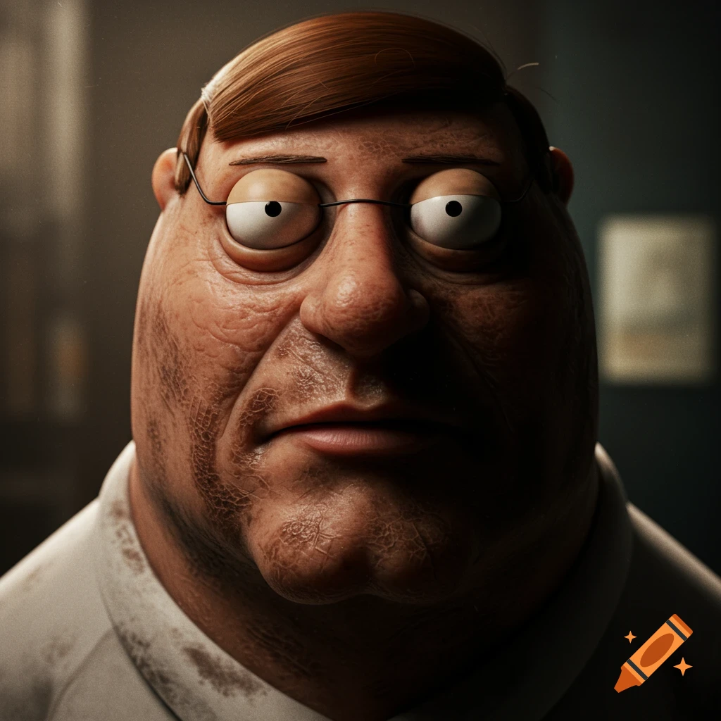 Hyper-realistic close-up portrait of Peter Griffin with half of face darkened