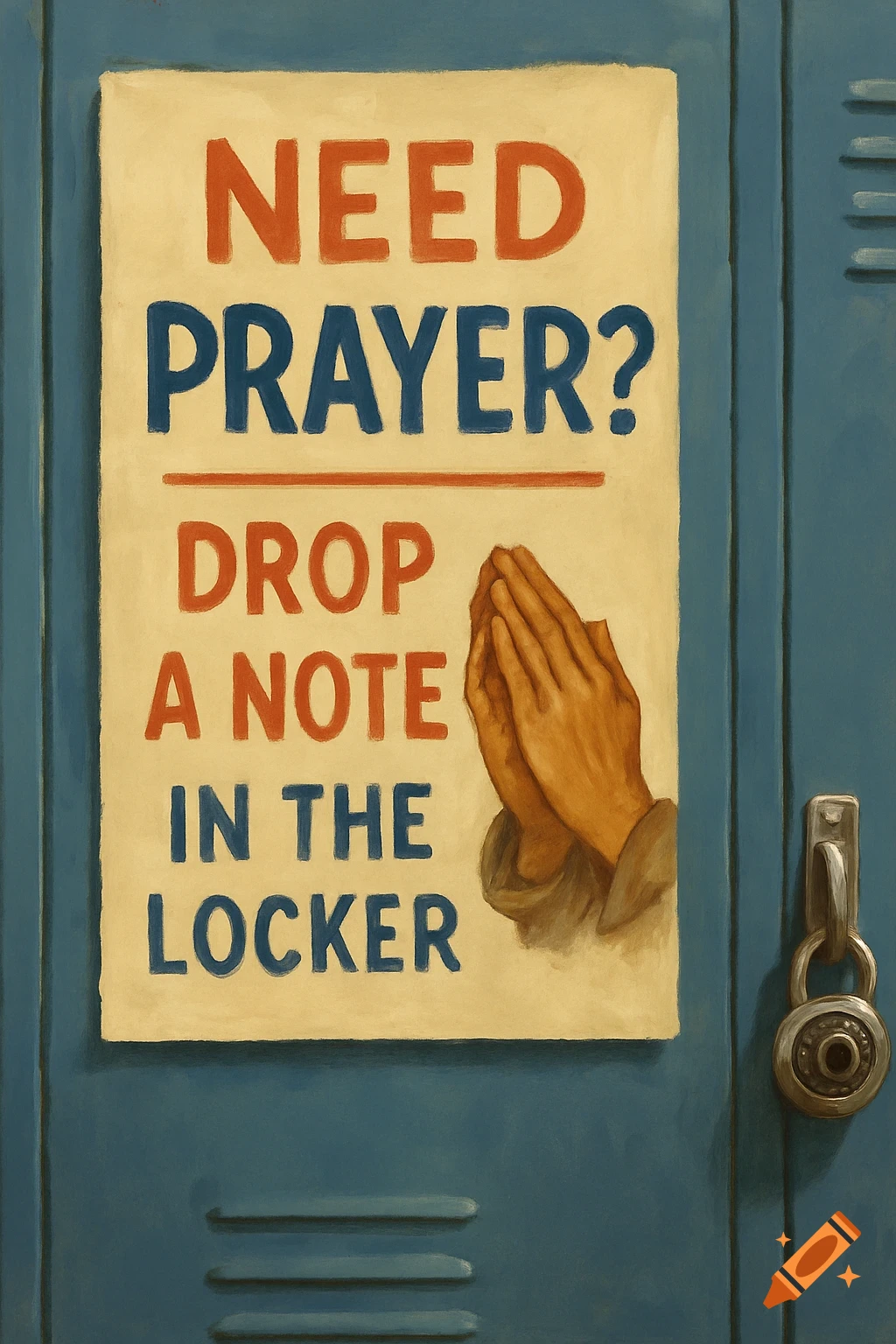 A painted image of a prayer poster attached to a blue school locker, showing praying hands and the text "NEED PRAYER? DROP A NOTE IN THE LOCKER."