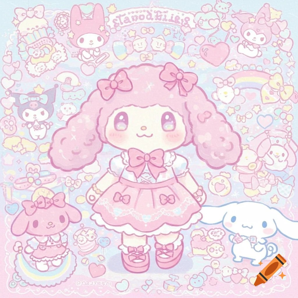 Kawaii illustration of a pink rabbit character resembling My Melody surrounded by other cute pastel characters and objects.