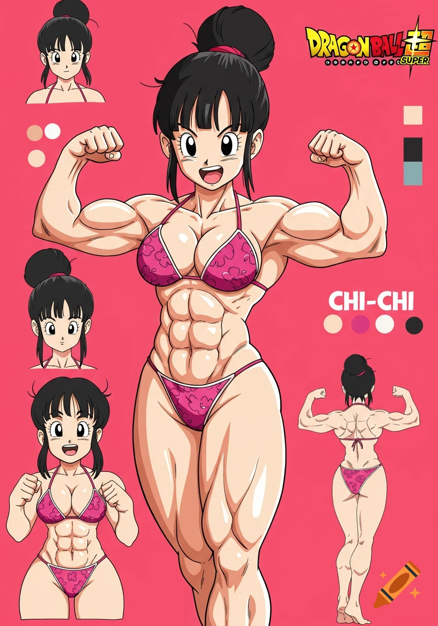 Anime model sheet of muscular Chi Chi from Dragon Ball flexing in a bikini, with reference images and text labels.