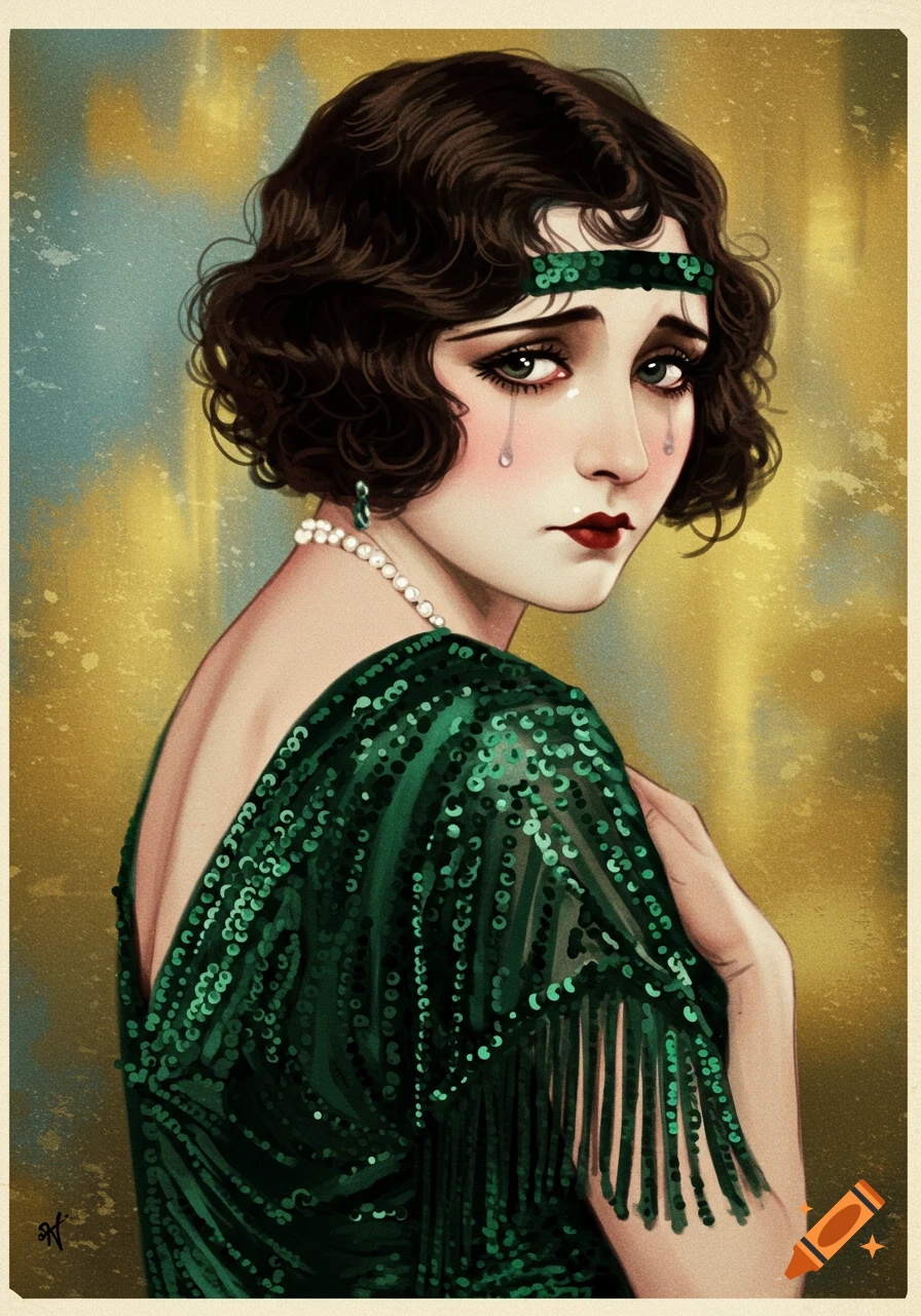 Illustration of a crying woman in a 1920s green sequined dress and headband looking over her shoulder.
