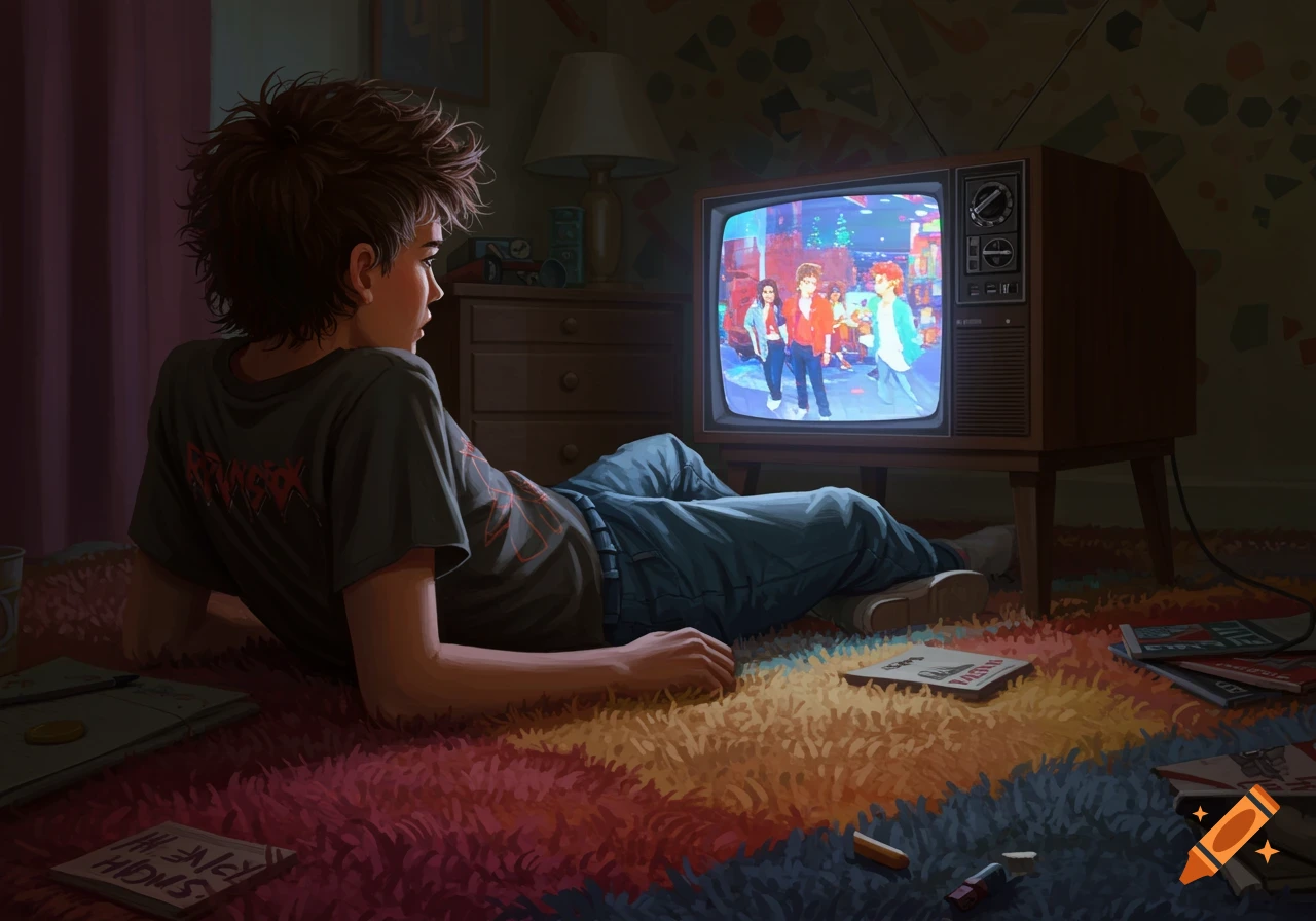 A teenager lies on a colorful rug watching an old television in a dark room, digital painting.