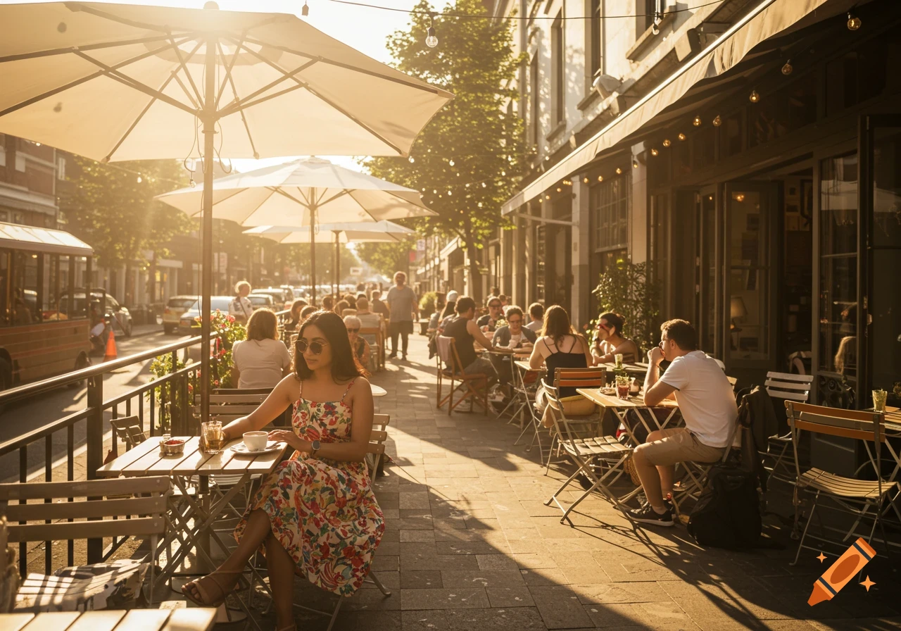 People sit at tables outside a sunny cafe on a city street.