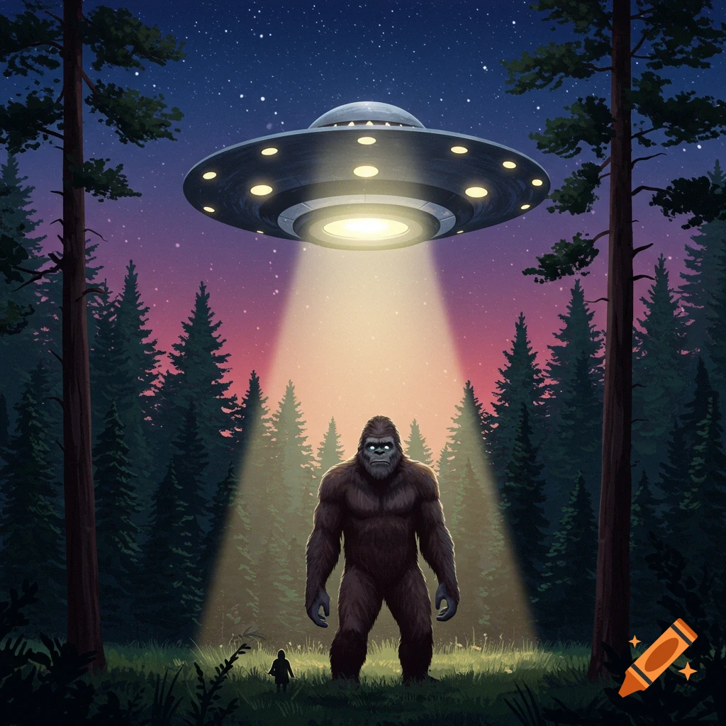 Bigfoot stands illuminated by a UFO beam in a starry forest.