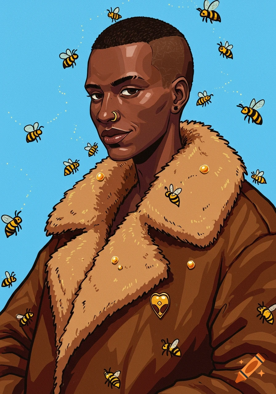 Stylized illustration of a person with a buzzcut wearing a large brown faux fur coat, surrounded by flying bees against a blue background.