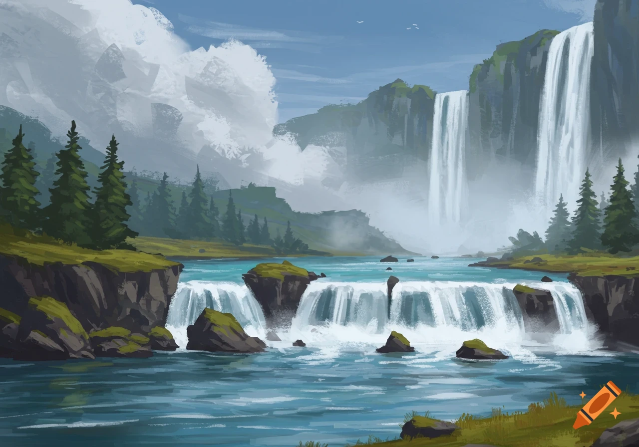 A painted landscape features a river with two large waterfalls cascading down cliffs, surrounded by pine trees and rocky outcrops.
