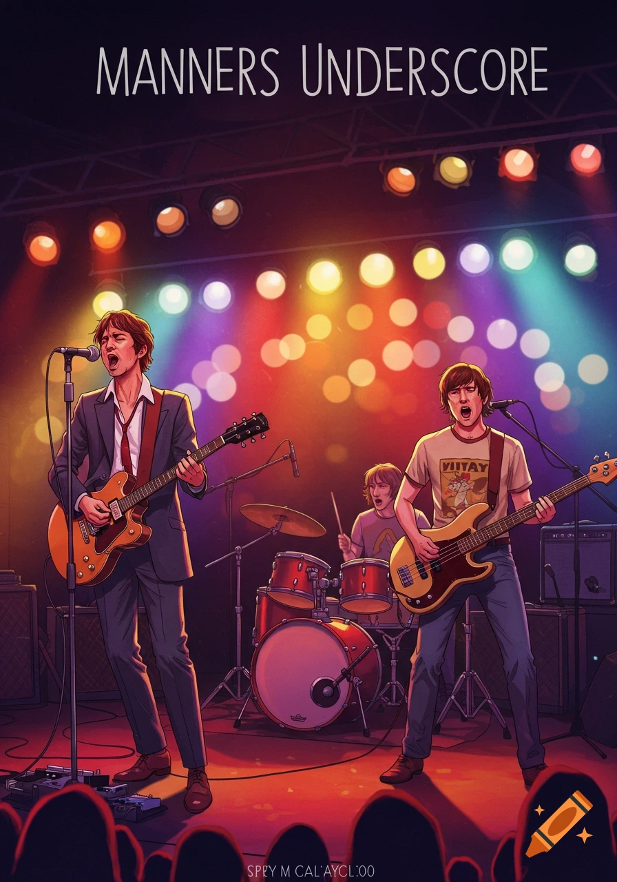 Illustrated band performing on stage with colorful lights and audience.