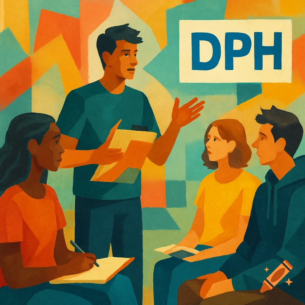 Abstract illustration of a group of people in a meeting or training session, with a sign that reads 'DPH'.