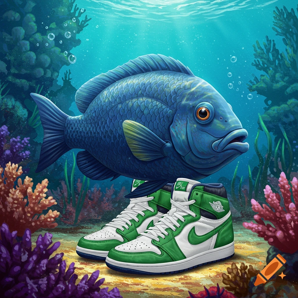 A large blue fish stands on a pair of green and white high-top sneakers on the ocean floor surrounded by colorful coral.