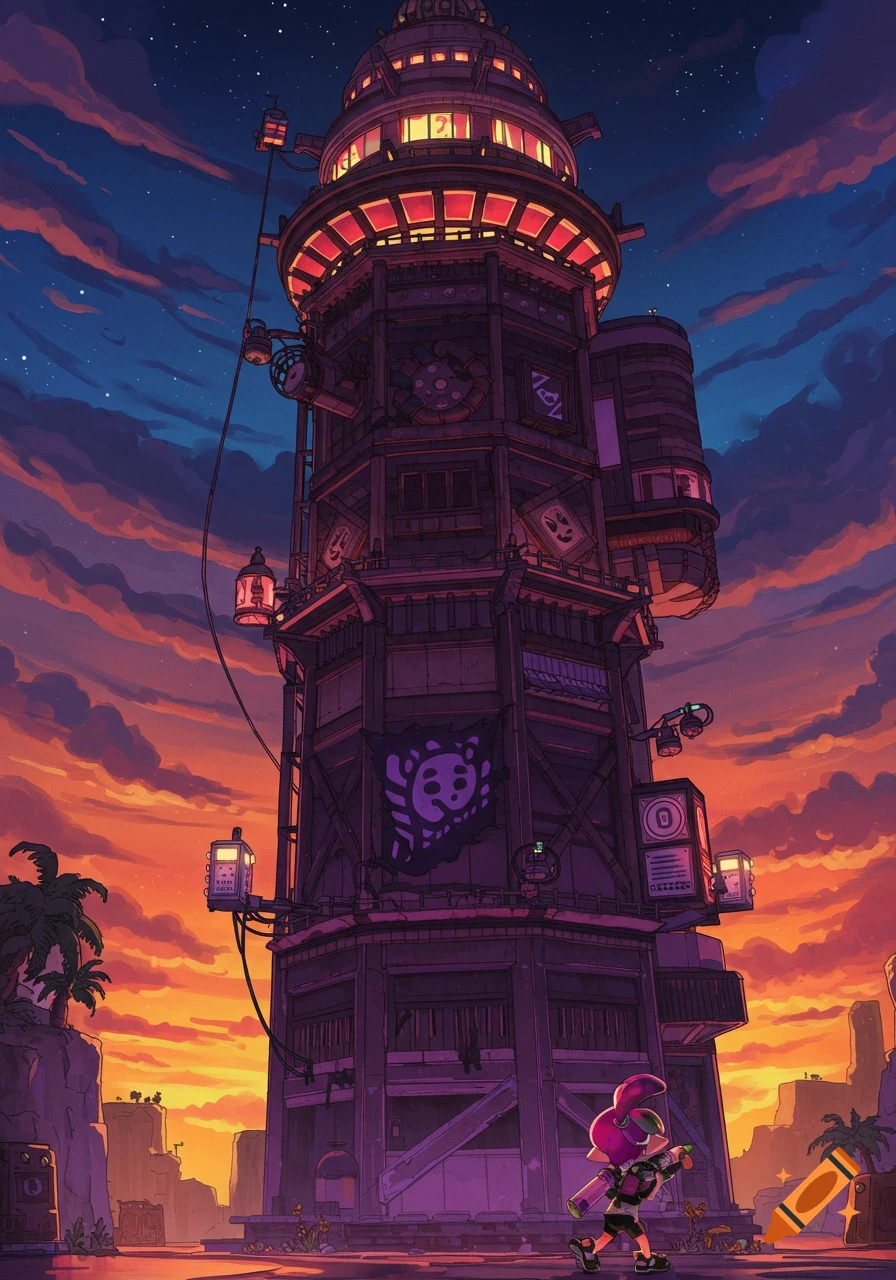 A Splatoon character stands before a large sci-fi tower at sunset.