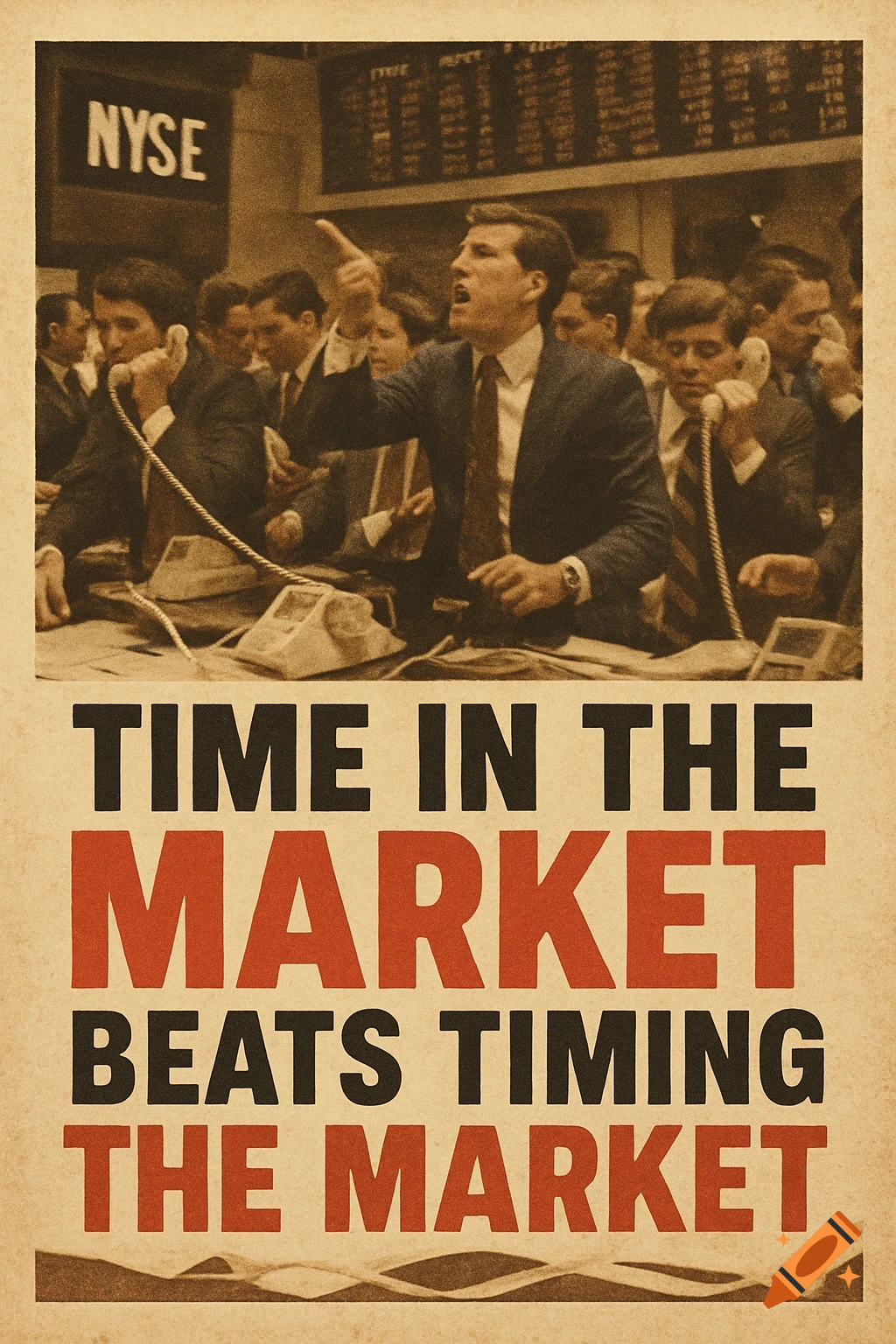 Sepia-toned vintage poster of traders on a busy stock exchange floor, overlaid with text: 'Time in the market beats timing the market'.