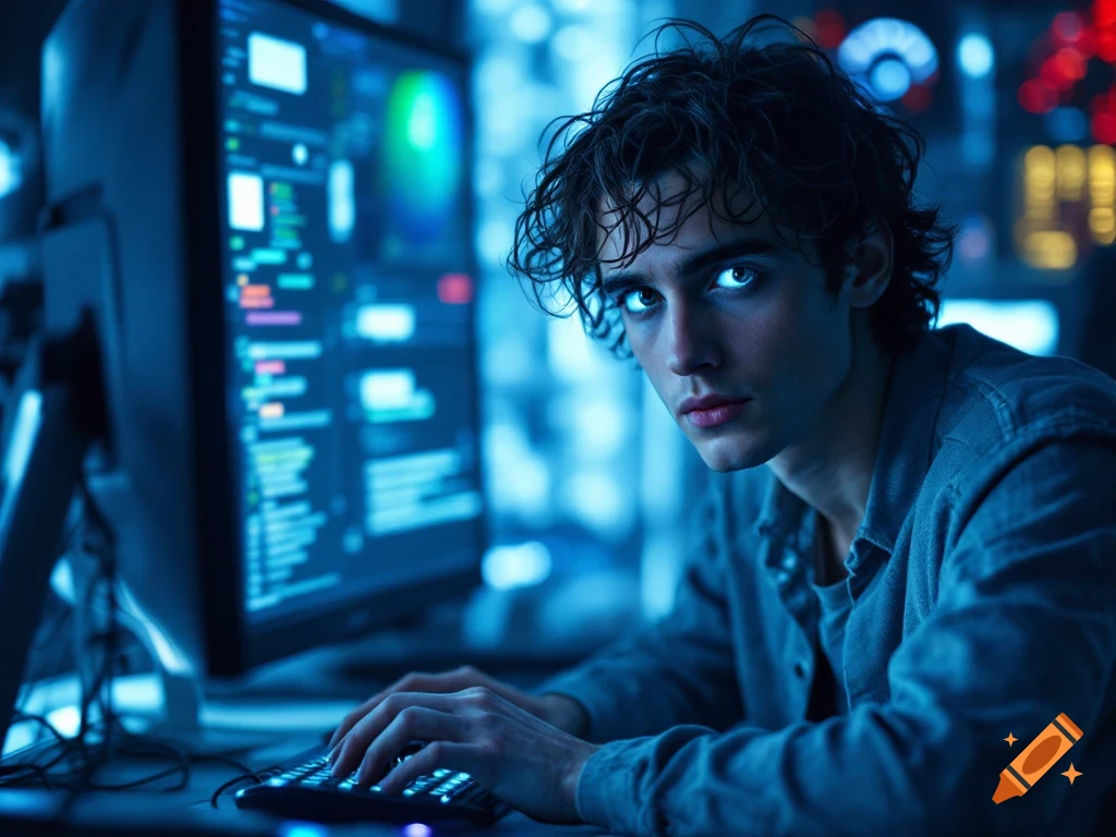 Young man with glowing blue eyes typing on a keyboard in a dark room with computer screens.