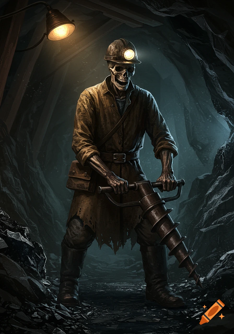 Stylized illustration of a skeleton miner holding a large drill in a dark mine tunnel.