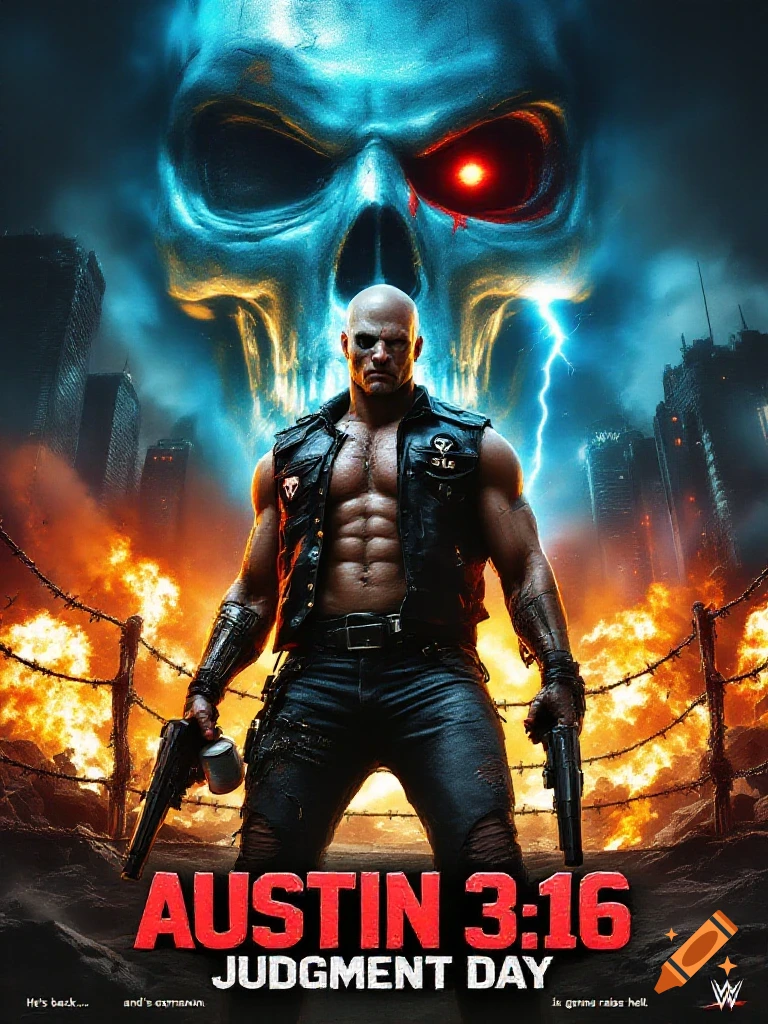 Movie poster for 'Austin 3:16 Judgment Day' with muscular man holding guns, skull in sky over fiery cityscape.