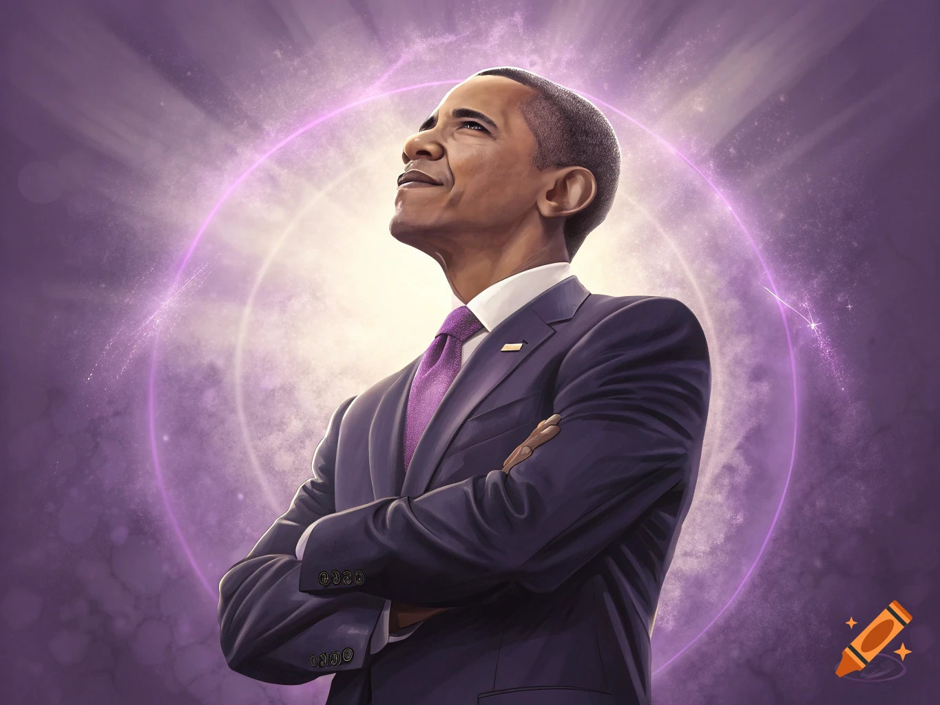 Digital illustration of Barack Obama looking up against a purple glowing background.