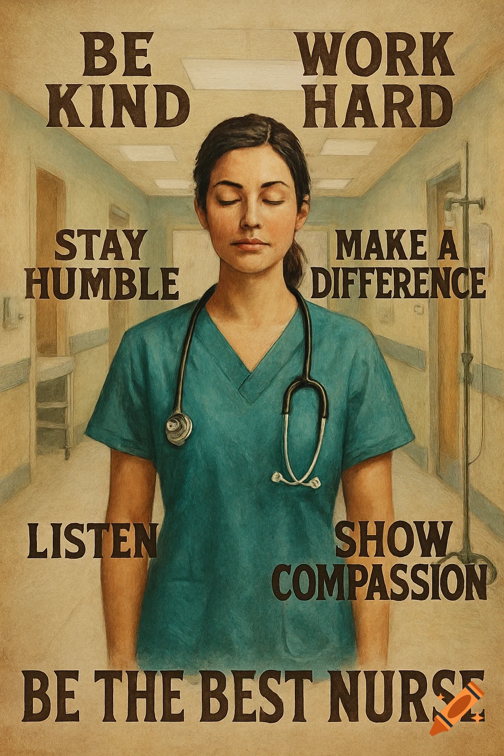 Painted poster of a nurse in a hospital hallway with inspirational text overlayed.