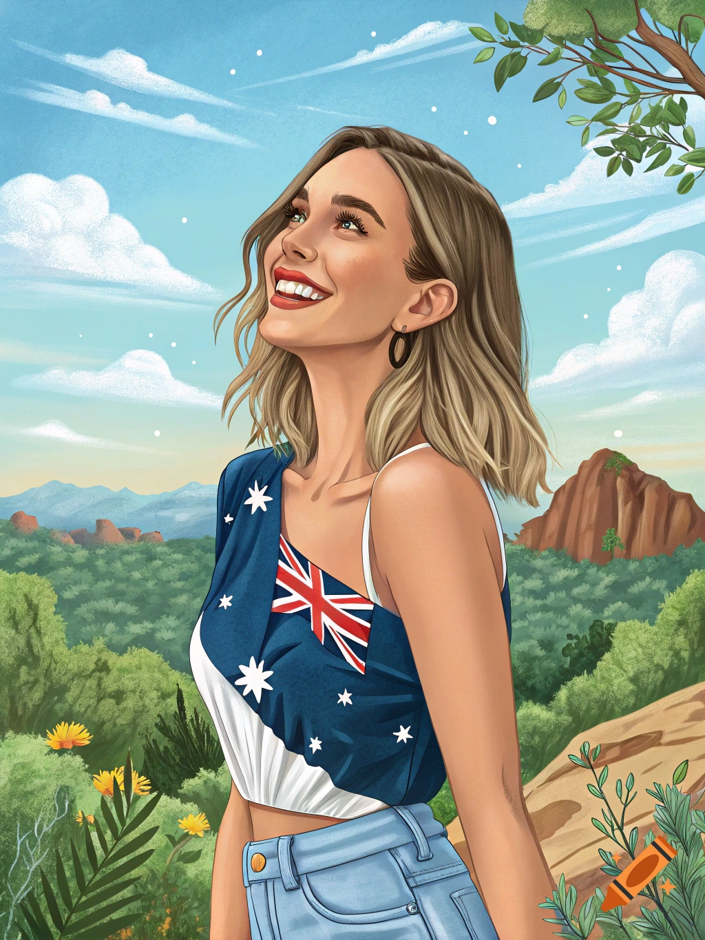 Stylized portrait illustration of a smiling woman in an Australian flag top in a landscape.