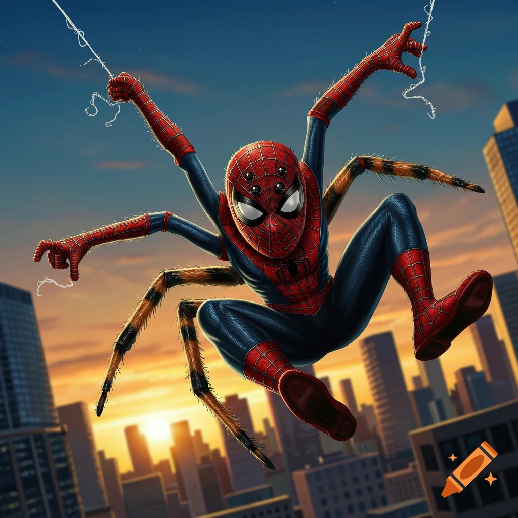 A spider-like creature in a Spiderman suit swings through a city skyline at sunset.