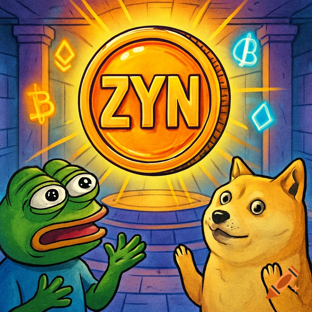 Cartoon image of Pepe the Frog and Doge looking up at a glowing ZYN coin in a temple with floating crypto symbols