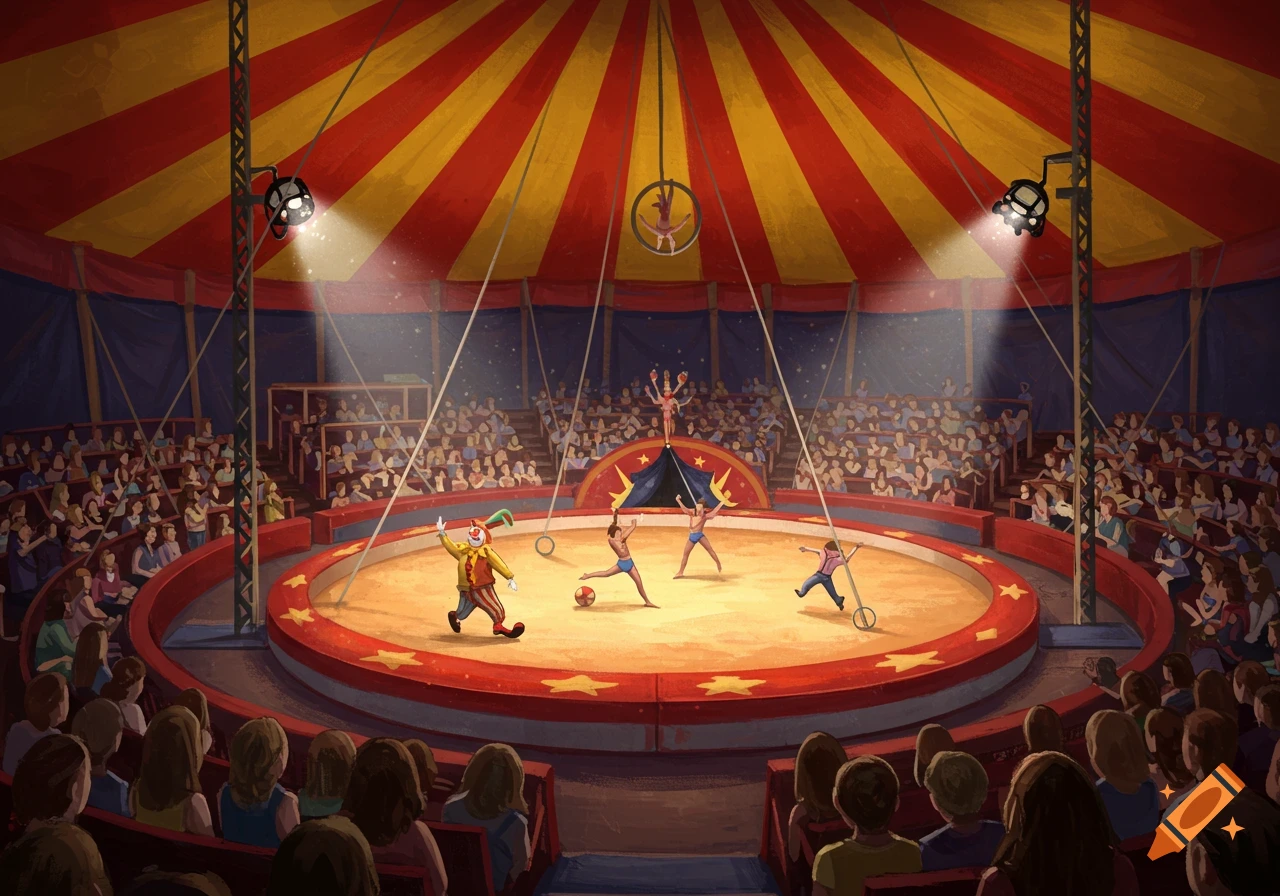 An illustrated circus scene inside a large tent with performers in the ring and an audience watching.