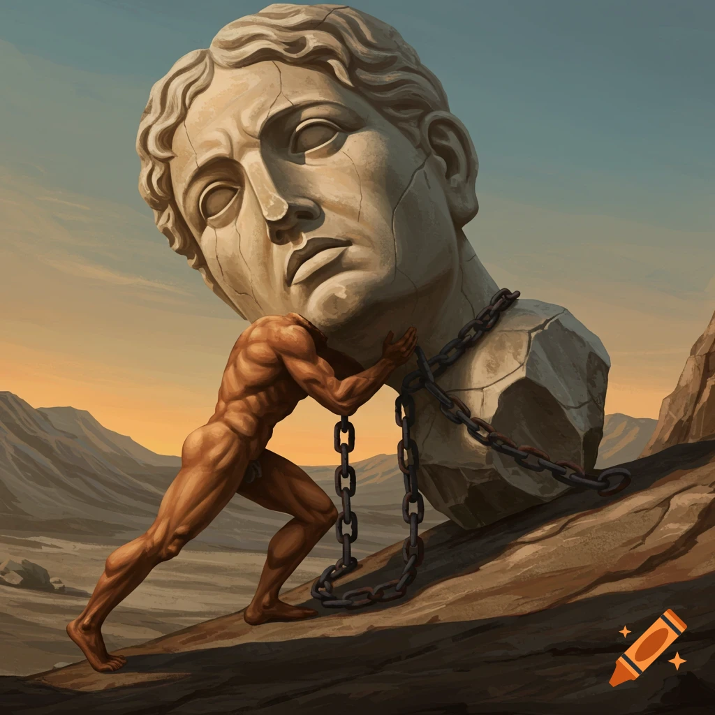 Muscular headless man pushes a large stone head chained to his neck up a rocky hill at sunset.