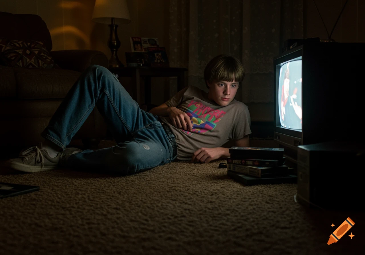 A young person lies on the floor watching a CRT television in a dimly lit room.