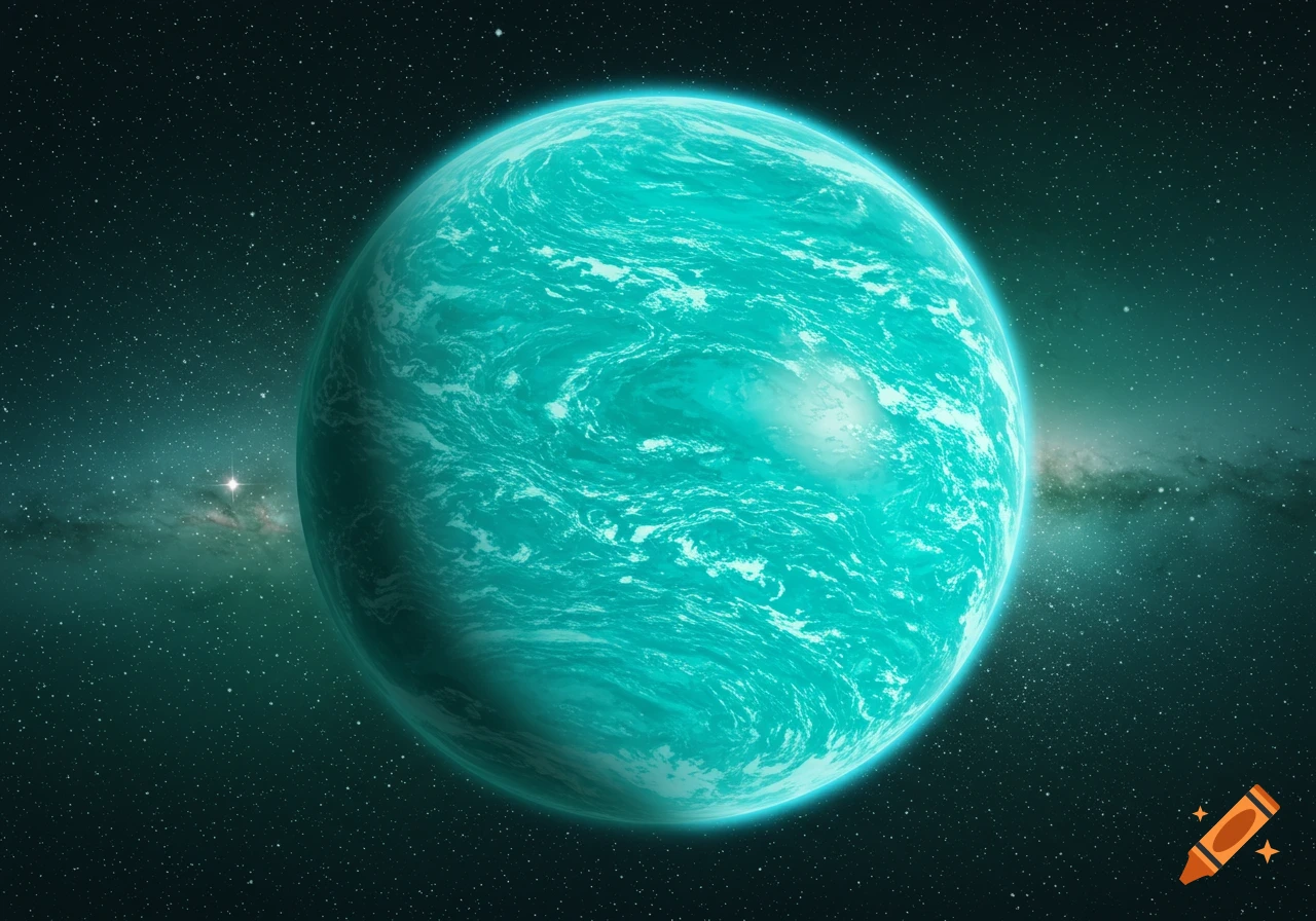 A large swirling turquoise planet in space with stars and a galaxy background.
