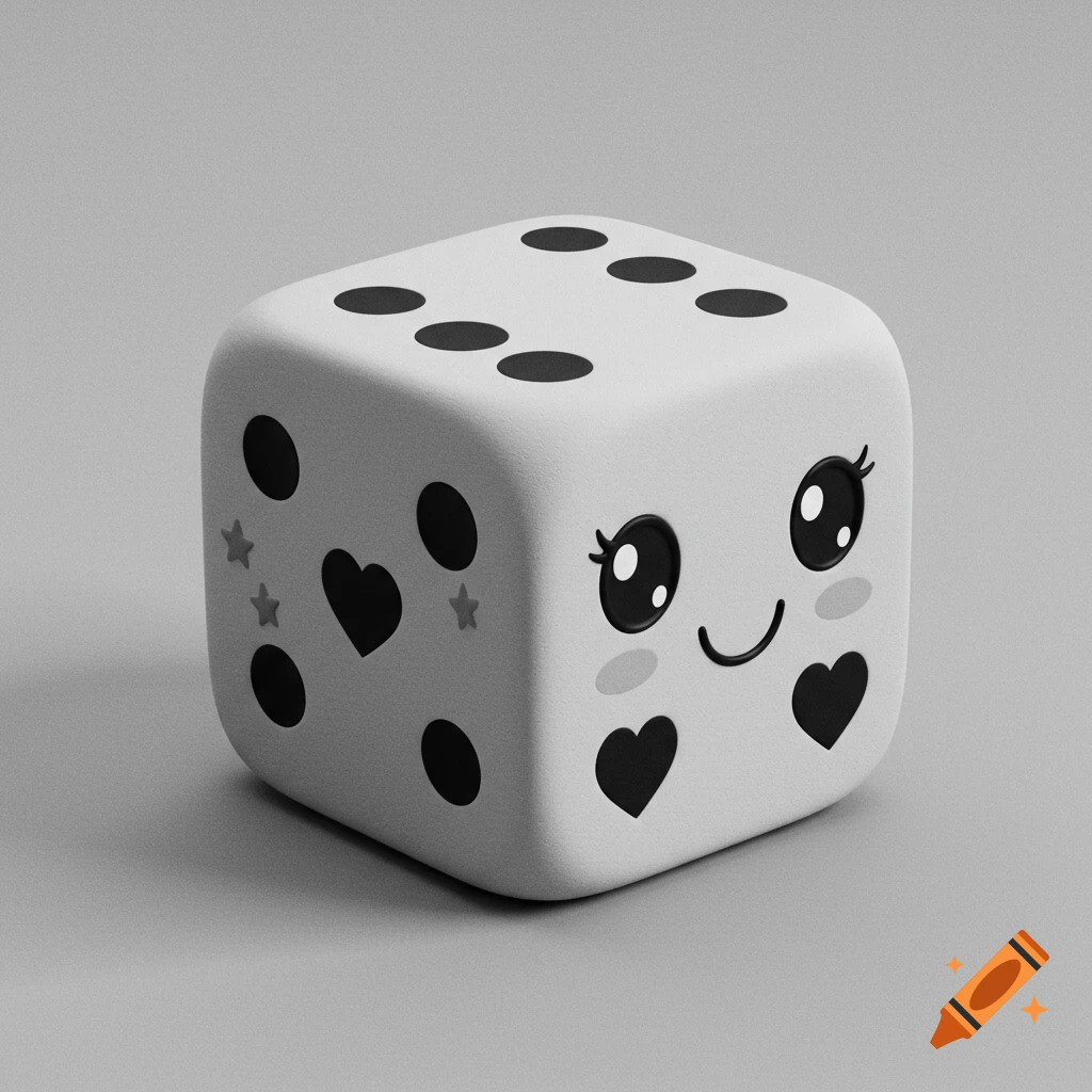 A cute white dice with eyes, a smile, and hearts instead of dots.