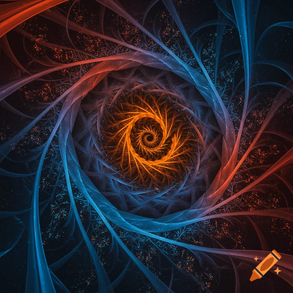 An abstract fractal spiral pattern in swirling orange and blue colors.