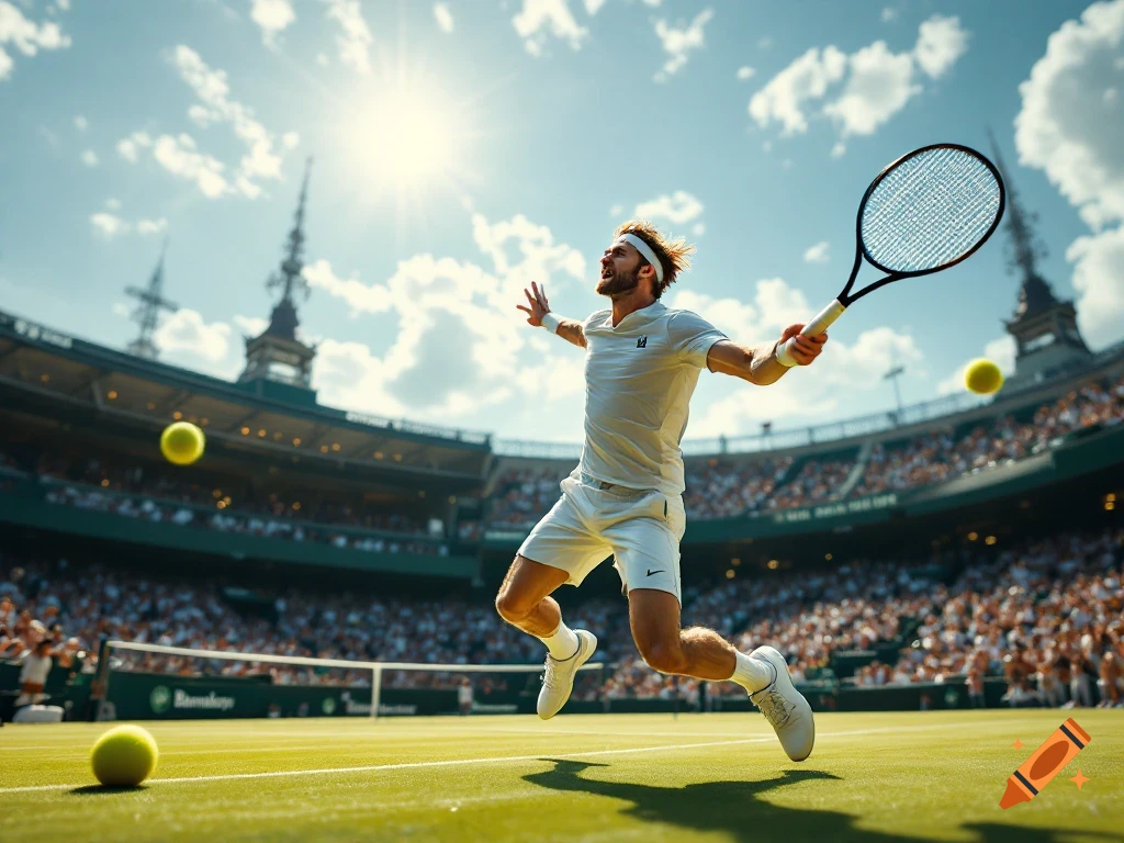 Male tennis player jumps to hit a shot during a match at a stadium on a sunny day