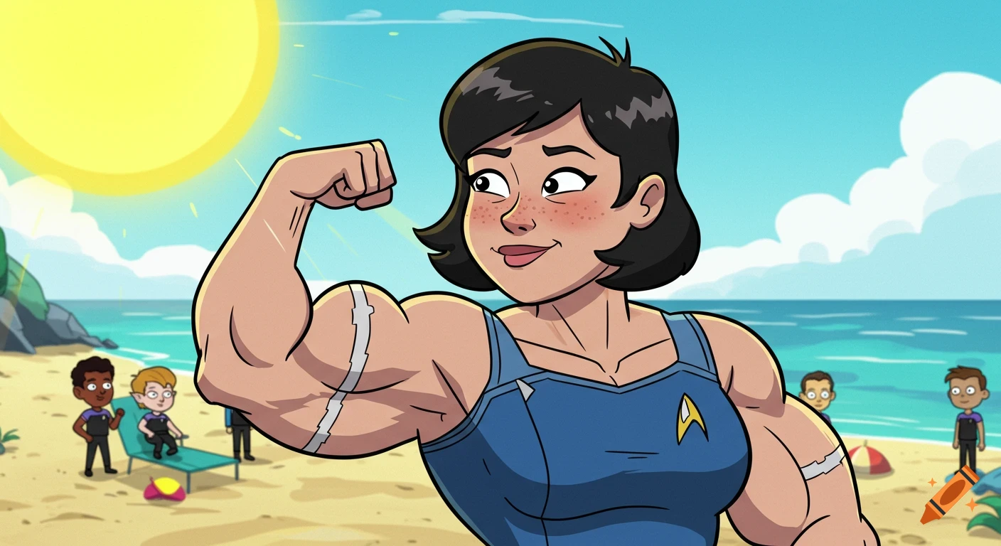 A cartoon woman from Star Trek: Lower Decks flexing on the beach.
