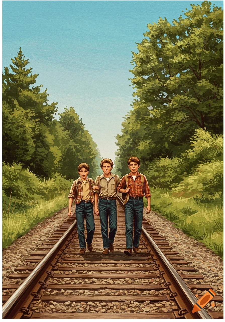 Three boys walk along a railway track through a forest, illustration.