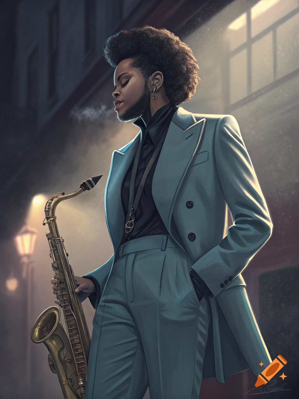 Stylized illustration of a female musician with afro and suit holding a saxophone on a city street at night.