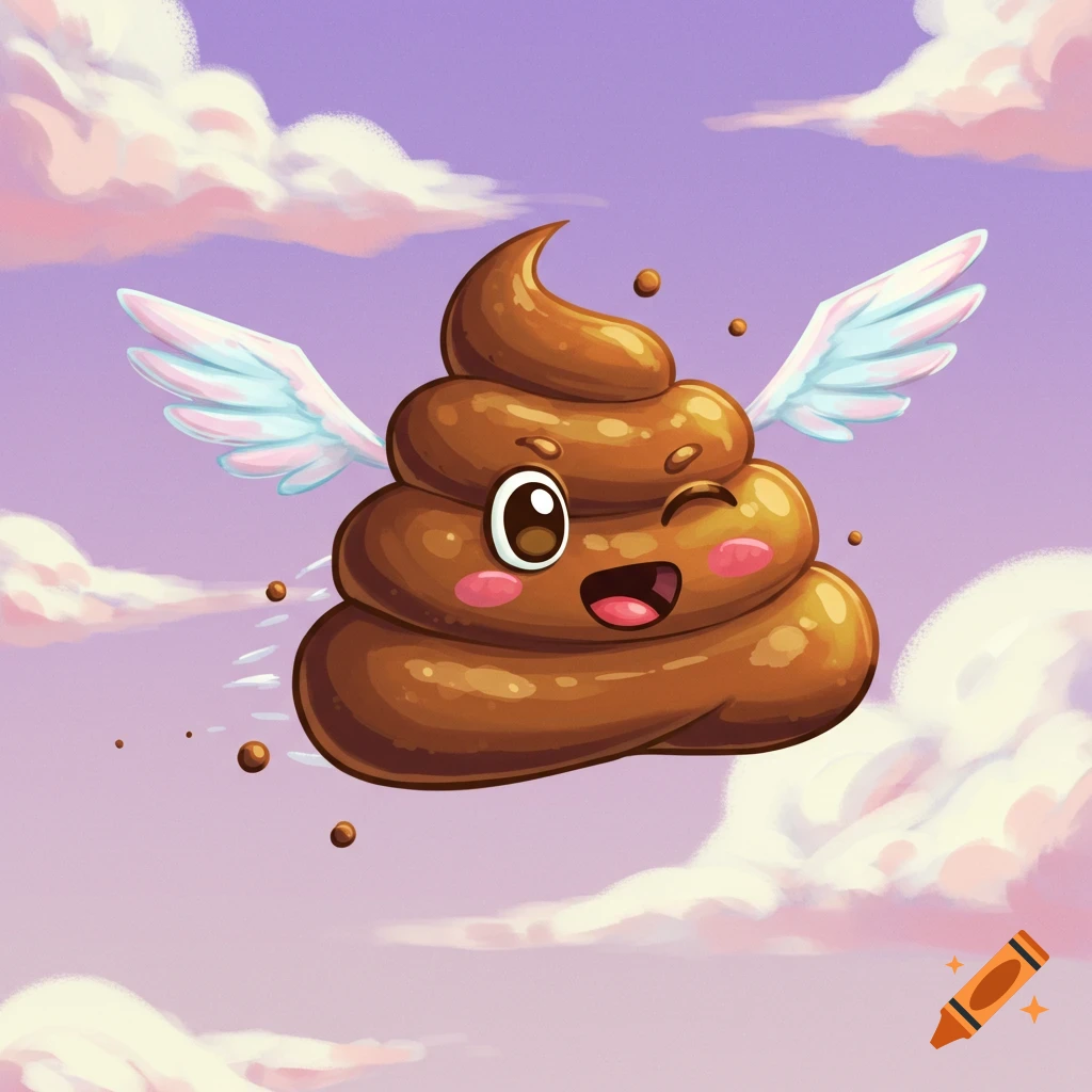 Cartoon poop emoji with wings flies through a pink and purple cloudy sky.