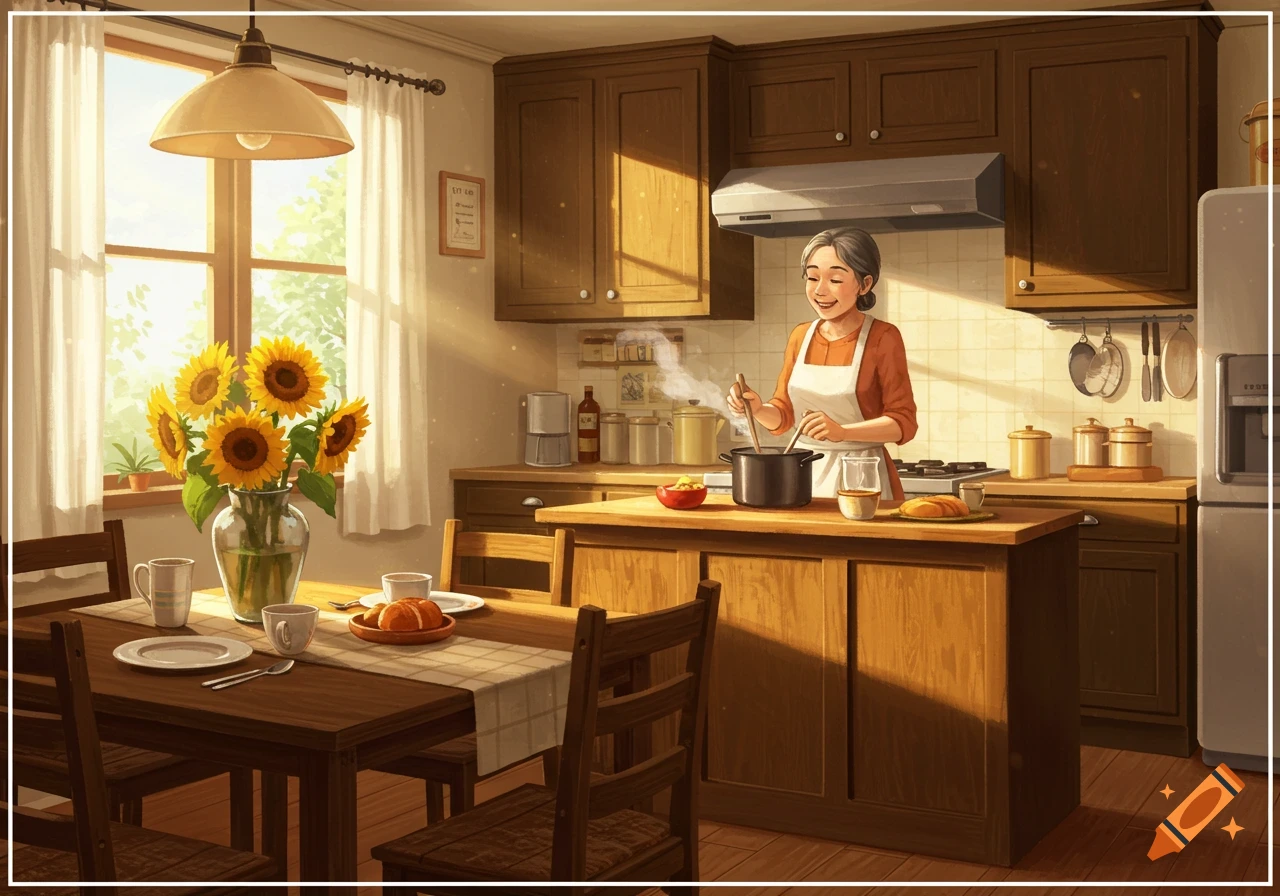 A woman cooks in a cozy kitchen filled with sunlight, sunflowers on the table in the foreground.