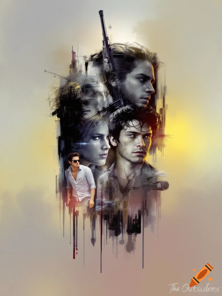 Stylized composite portrait featuring multiple faces and a rifle, with dripping paint effects and the title 'The Outsiders'.