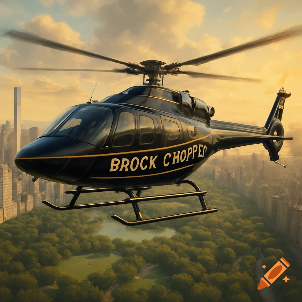 A black helicopter with 'BROCK CHOPPER' emblazoned on its side flies over New York City's Central Park at sunset.