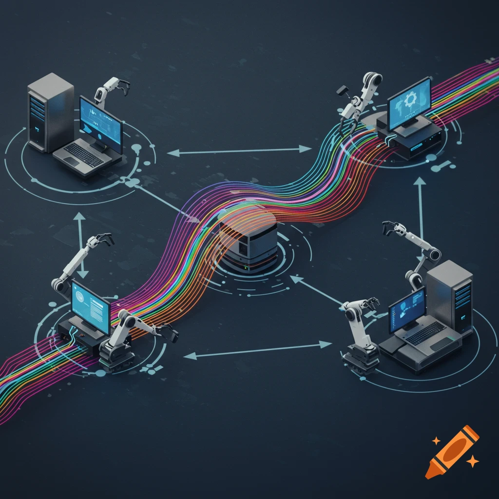 3D illustration of computers, servers, and robotic arms connected by colorful data streams, representing a network or automation.
