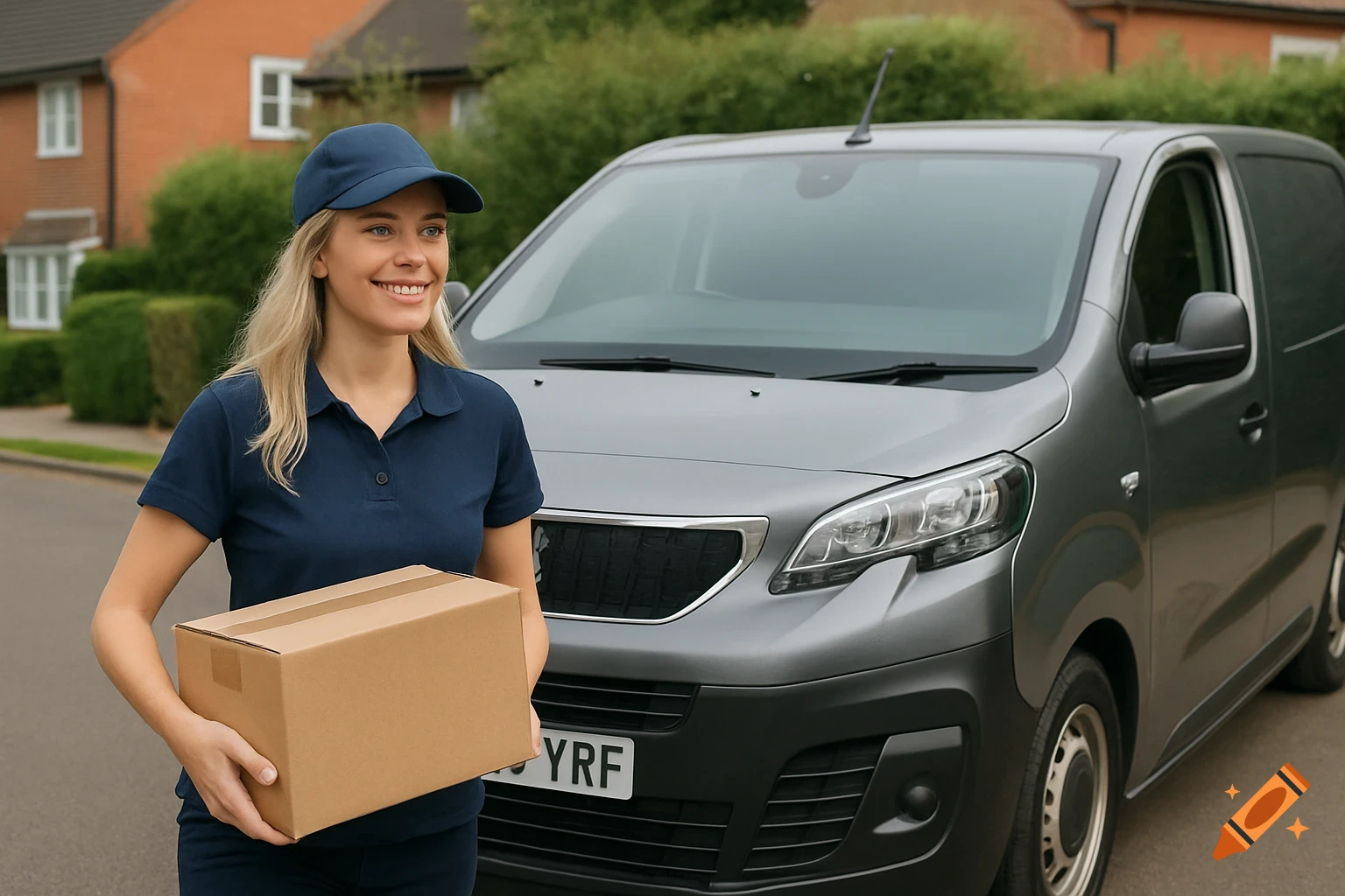 A woman in a dark blue uniform holds a package next to a grey delivery van.