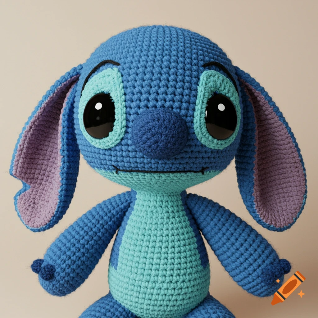 Close-up of a blue crocheted doll resembling Stitch with big eyes and floppy ears.