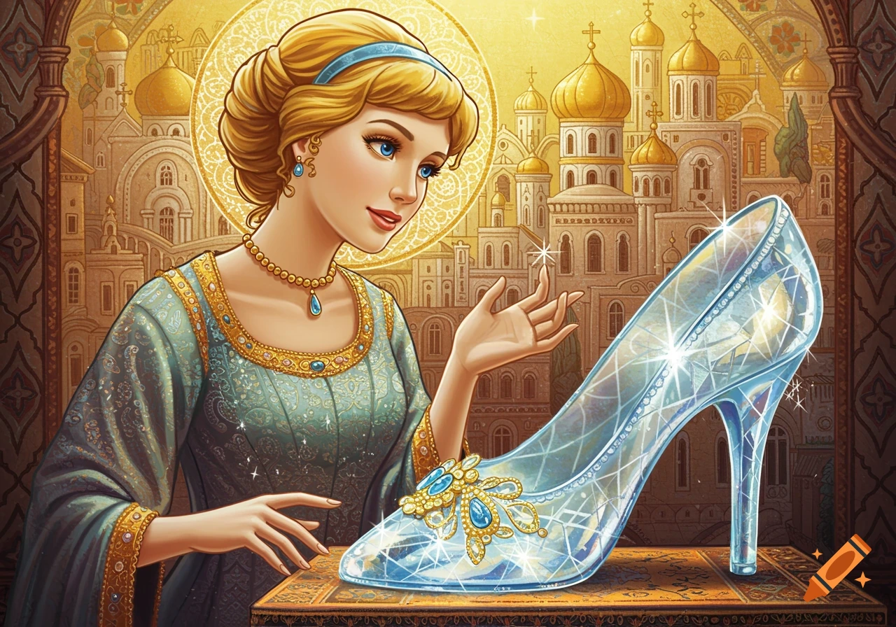 Cinderella in Byzantine art style looking at a sparkling glass slipper in front of golden domed buildings.