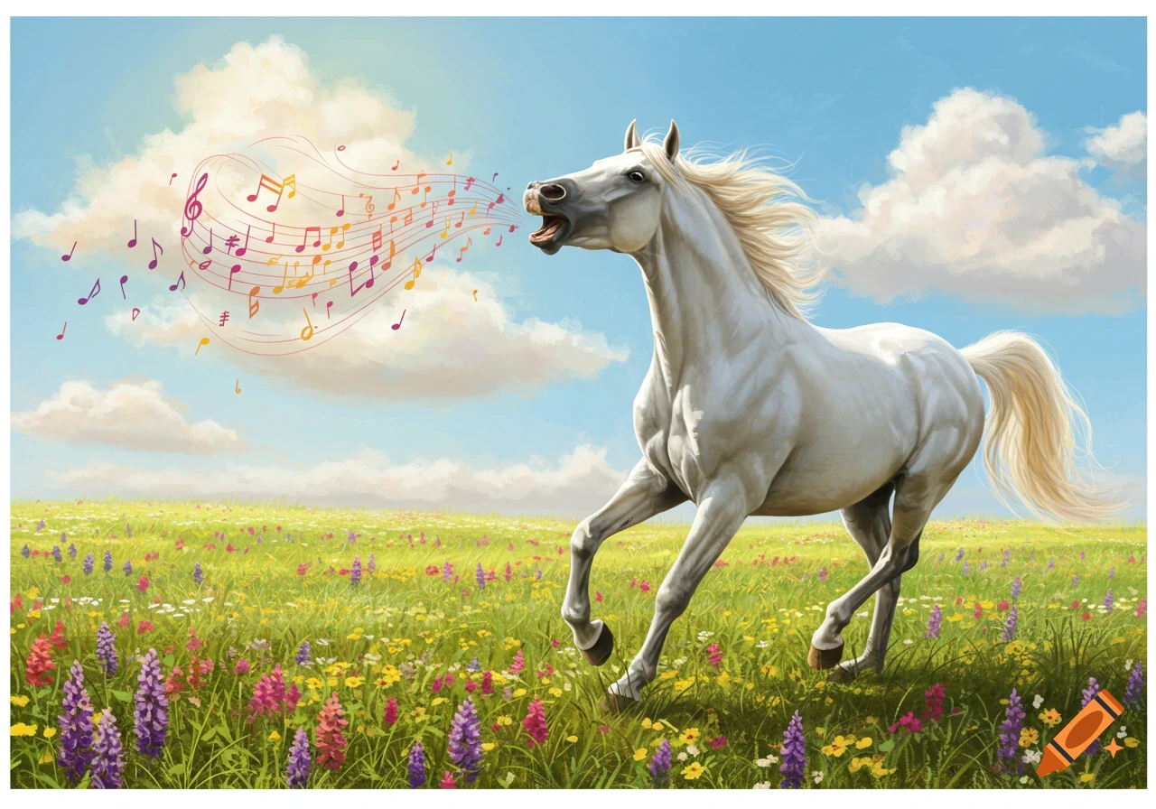 A white horse gallops through a field of wildflowers with colorful musical notes streaming from its mouth under a blue sky.