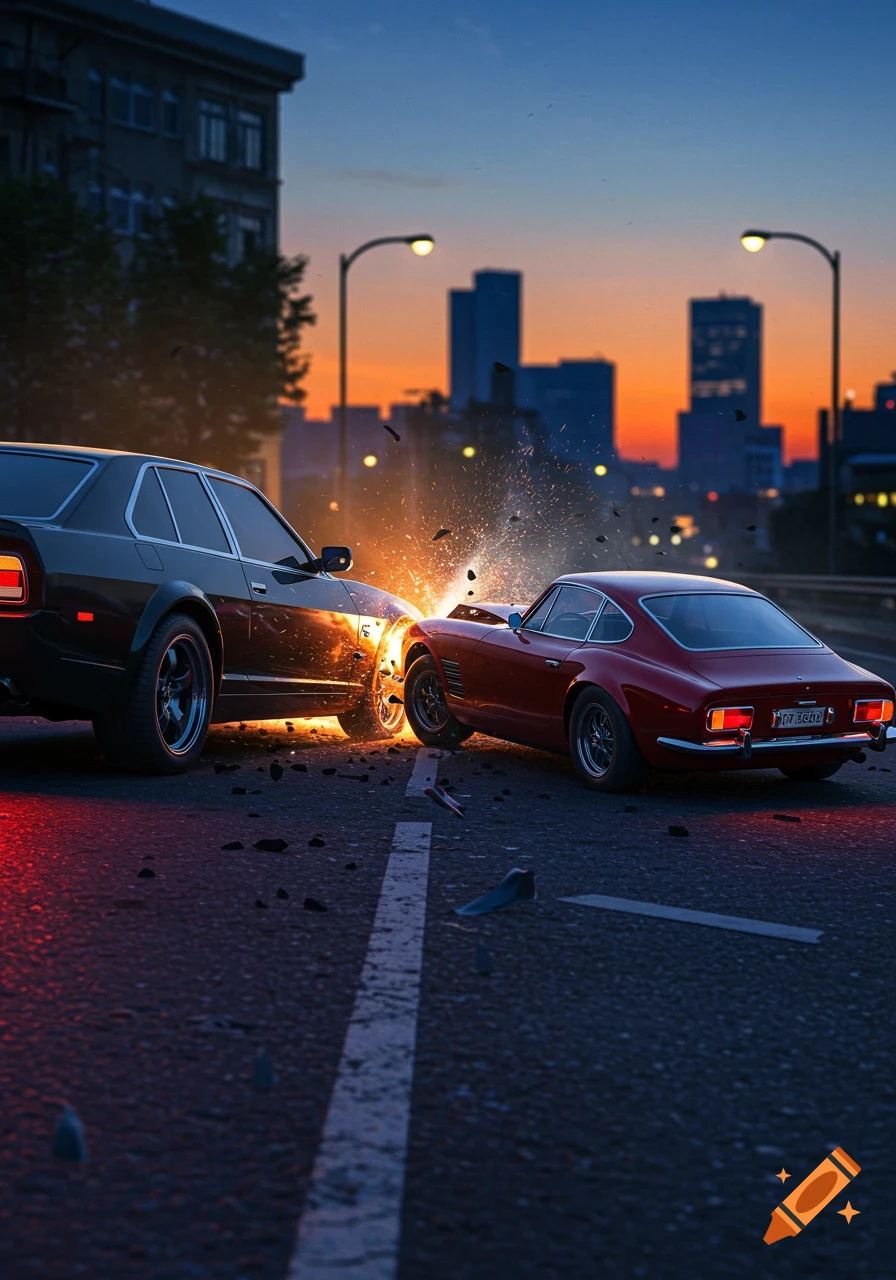 Two cars, a red sports car and a black wagon, collide on a city street at sunset, sending sparks and debris flying.