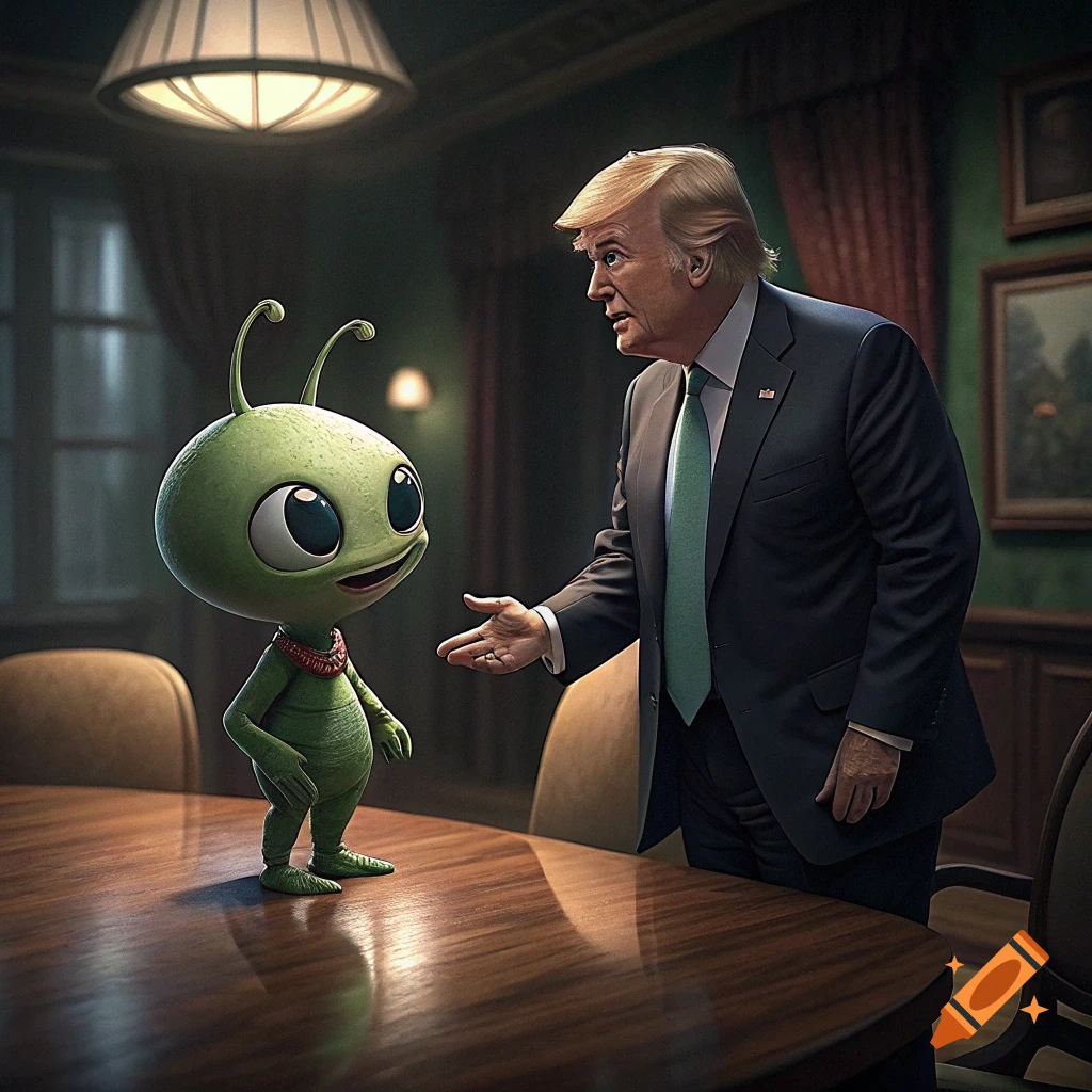 A cartoon alien meets a man resembling Donald Trump at a conference table.