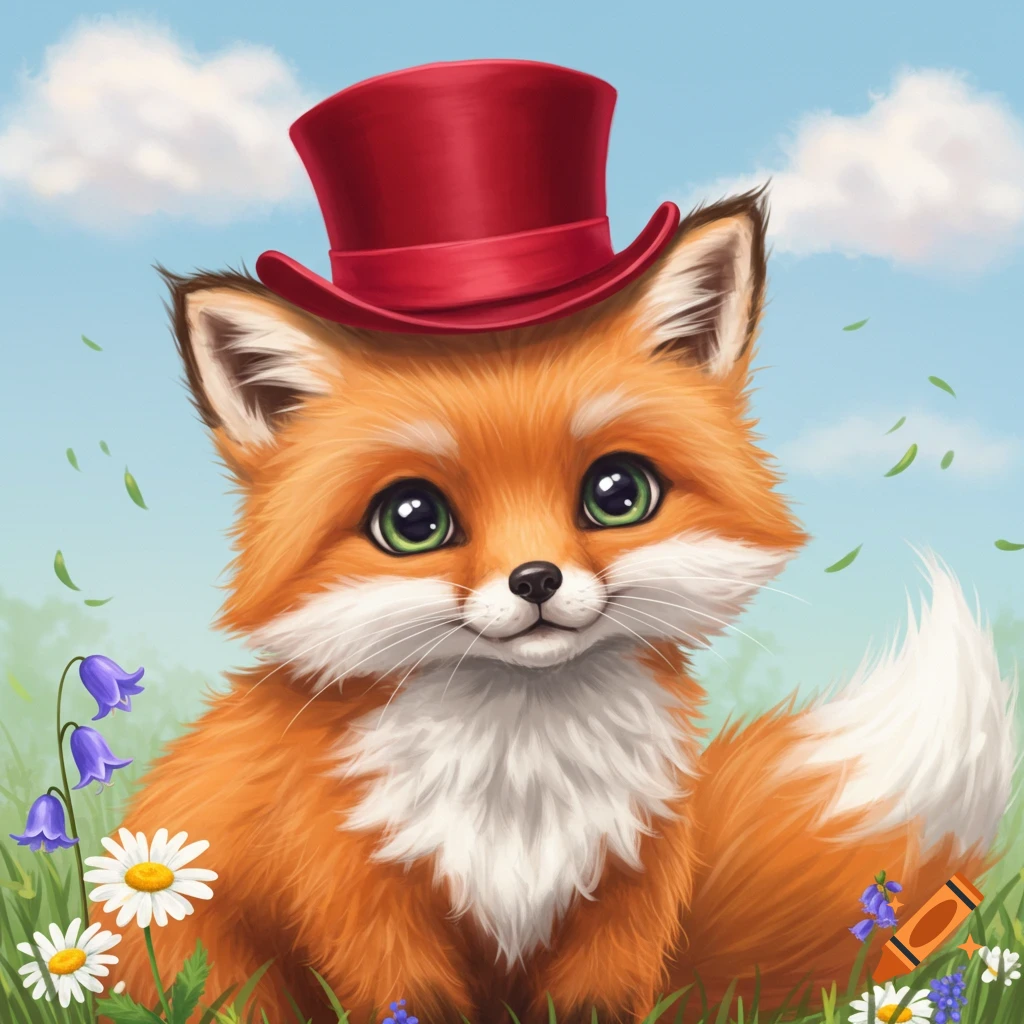 Cute fox in red top hat in field of flowers illustration