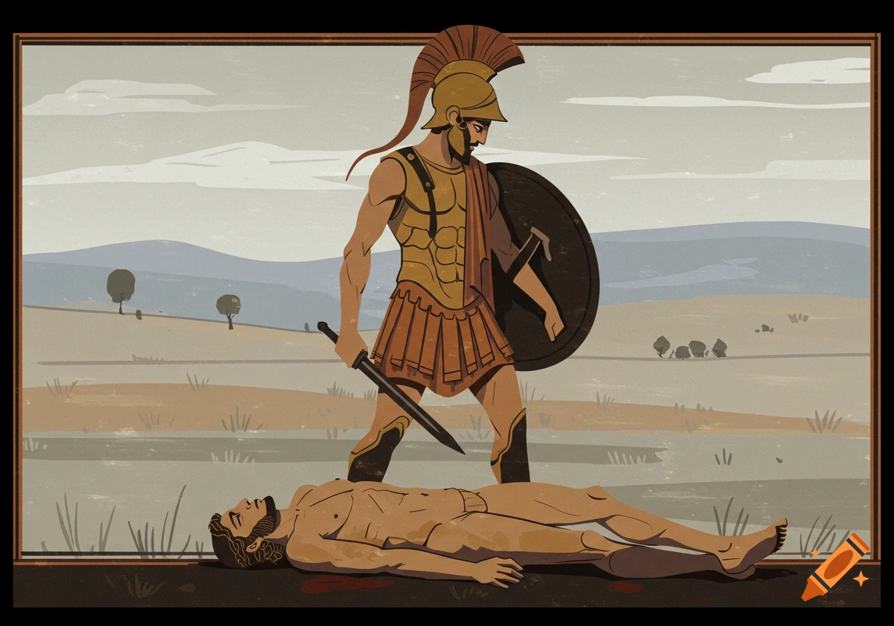 Illustration of Achilles standing over the body of Patroclus in an archaic Greek style