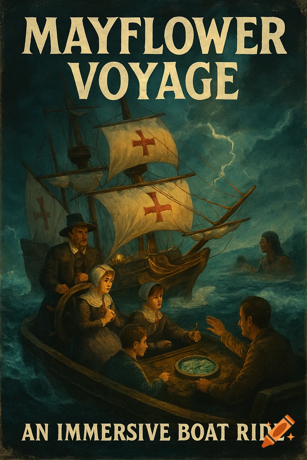 Illustration of the Mayflower ship and pilgrims in a rowboat on a stormy sea. Text reads MAYFLOWER VOYAGE AN IMMERSIVE BOAT RIDE.