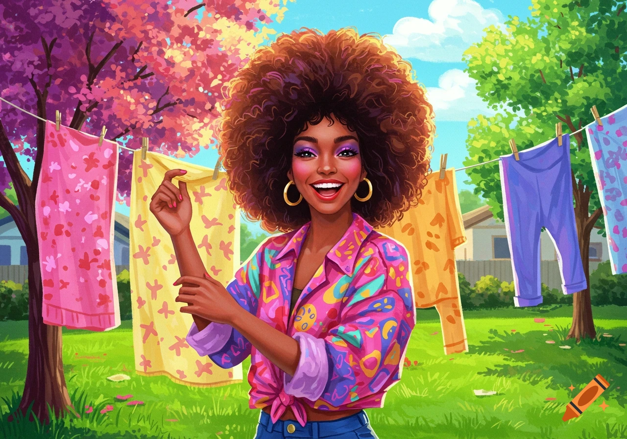 A cheerful Black woman with a large afro hangs colorful laundry on a clothesline in a vibrant, illustrative yard.