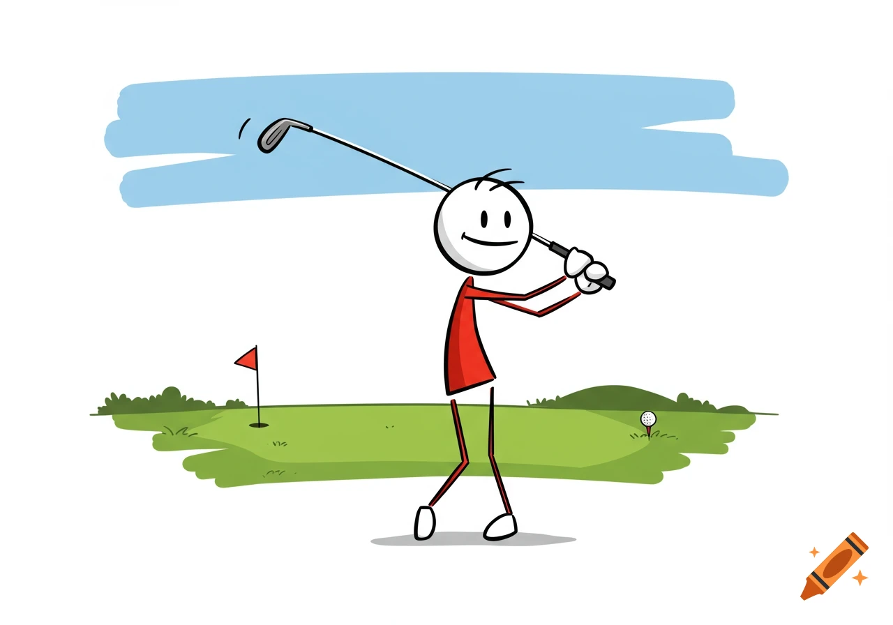 A stick figure golfer swings at a ball on a golf course.