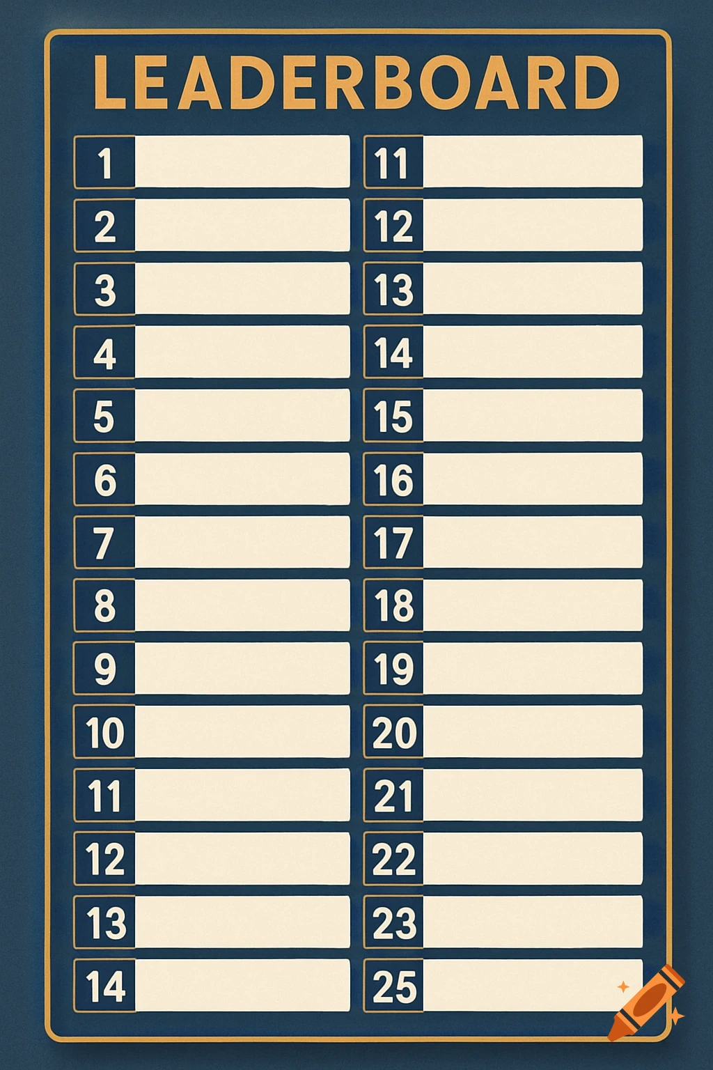 A graphic of a leaderboard template with spaces for 25 entries, numbered 1 to 25.